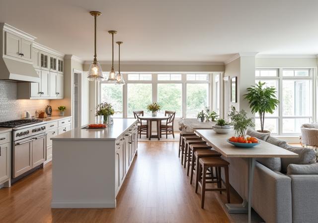 The open-concept kitchen and living area of the Gull Point Renovation